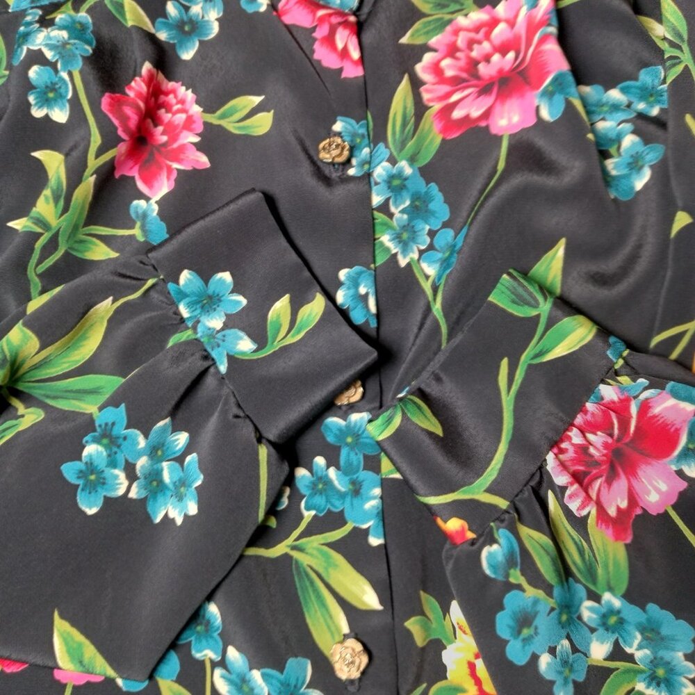 Vintage Maggie Sweet Blouse Plus Size 1X Black Floral Gold Flower Buttons - Picture 11 of 16